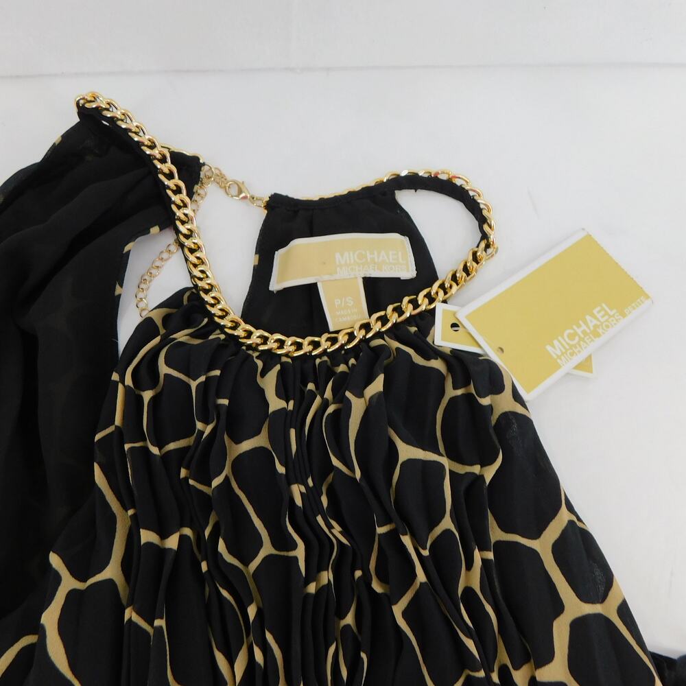 Michael Kors Women's Black Beige Giraffe Pleated Chain Top Blouse Size P/S New - Picture 5 of 7
